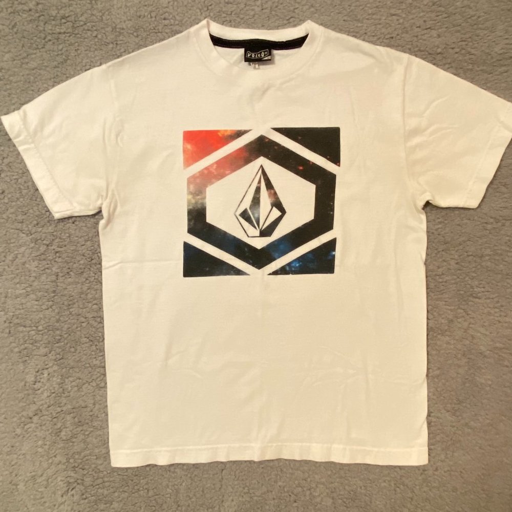 Volcom Graphic T-Shirt White Diamond Logo Space Galaxy Size Large (Youth)